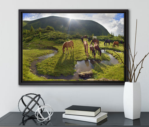 Pferde auf Wiese auf Leinwandbild gerahmt mit Kirschblüten