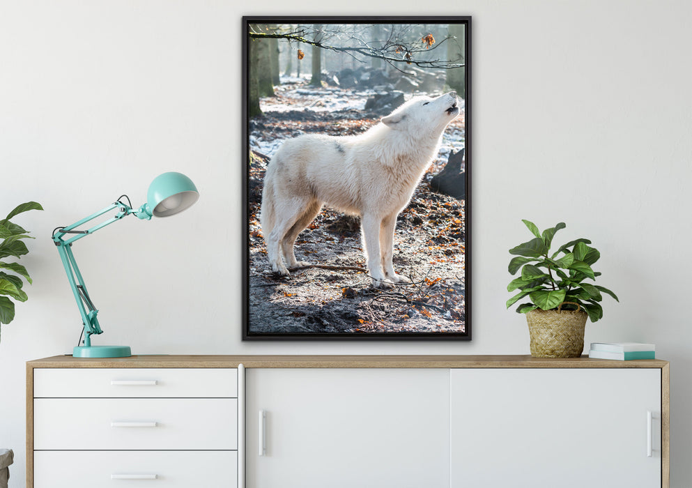 heulende Wölfe auf Leinwandbild gerahmt verschiedene Größen im Wohnzimmer