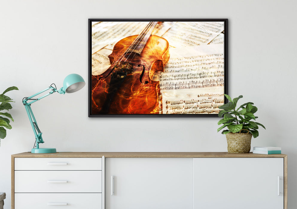 Geige auf Leinwandbild gerahmt verschiedene Größen im Wohnzimmer