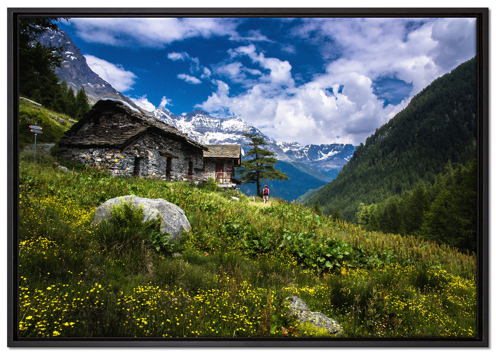 Wunderschöne Berghütte auf Leinwandbild gerahmt Größe 100x70