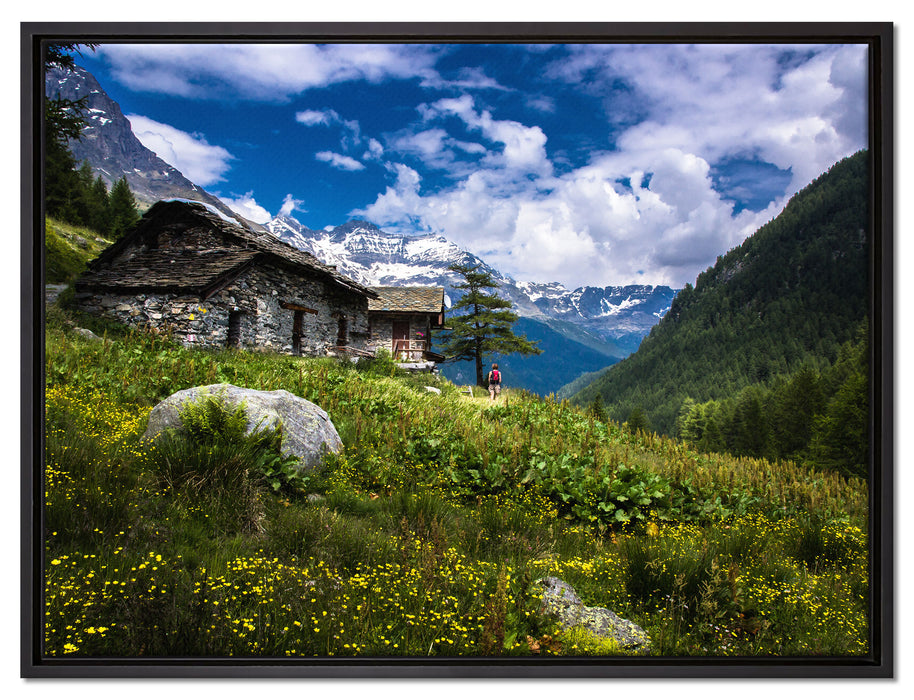 Wunderschöne Berghütte auf Leinwandbild gerahmt Größe 80x60
