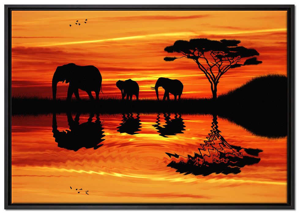 Afrika Elefant in Sonnenschein auf Leinwandbild gerahmt Größe 100x70