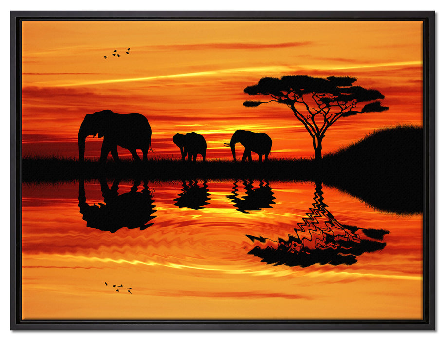 Afrika Elefant in Sonnenschein auf Leinwandbild gerahmt Größe 80x60