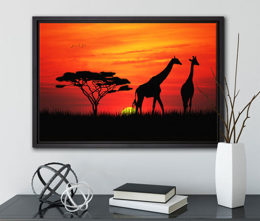 Afrika Giraffen im Sonnenuntergang auf Leinwandbild gerahmt mit Kirschblüten