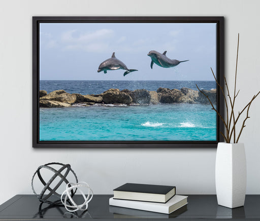 springende Delphine auf Leinwandbild gerahmt mit Kirschblüten