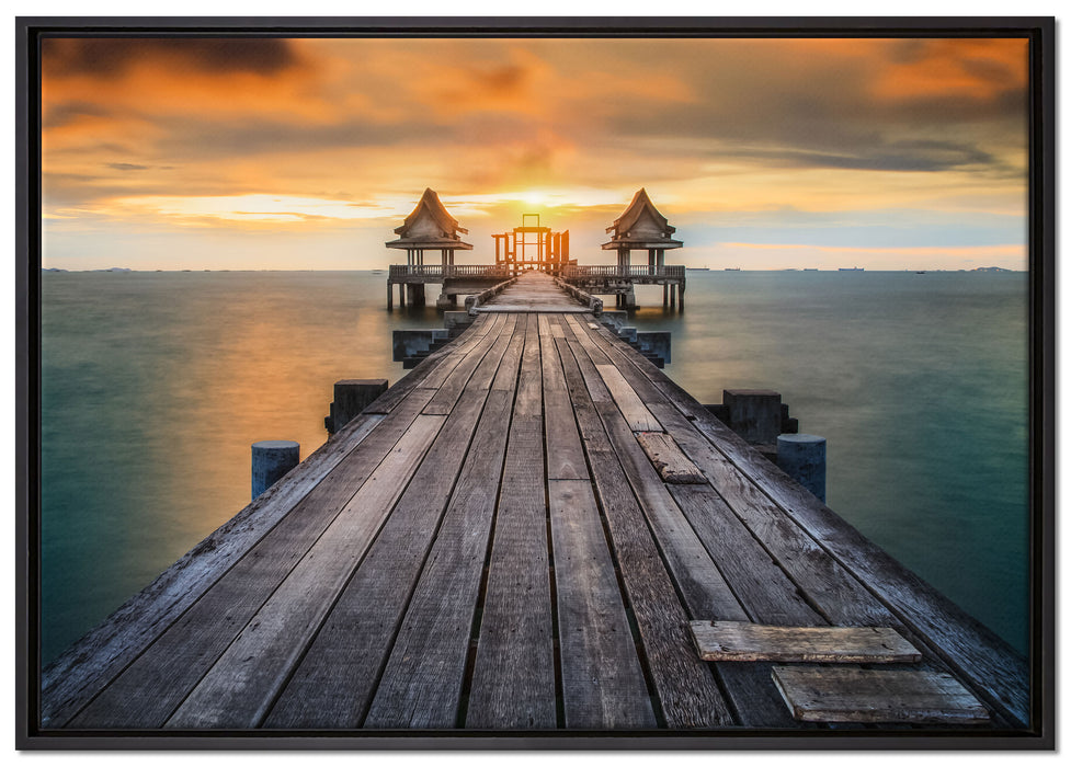 Bootssteg im Sonnenuntergang auf Leinwandbild gerahmt Größe 100x70