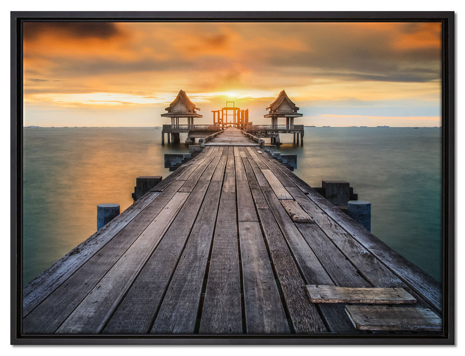 Bootssteg im Sonnenuntergang auf Leinwandbild gerahmt Größe 80x60