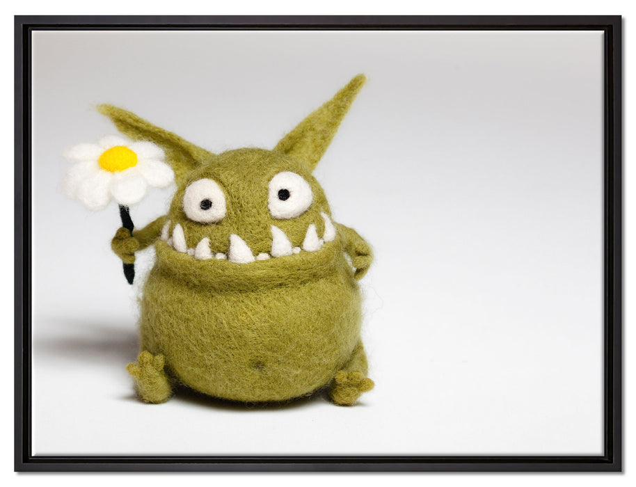 Süßes grünes Monster auf Leinwandbild gerahmt Größe 80x60
