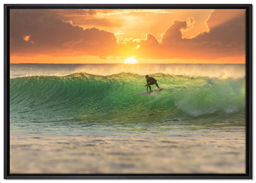 Surfen im Sonnenuntergang auf Leinwandbild gerahmt Größe 100x70