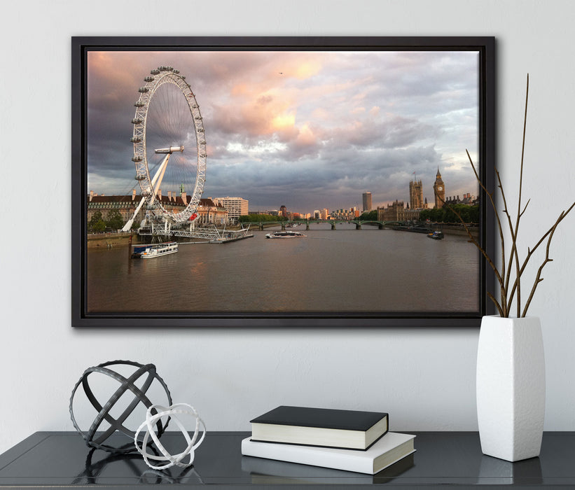 Riesenrad London Eye auf Leinwandbild gerahmt mit Kirschblüten