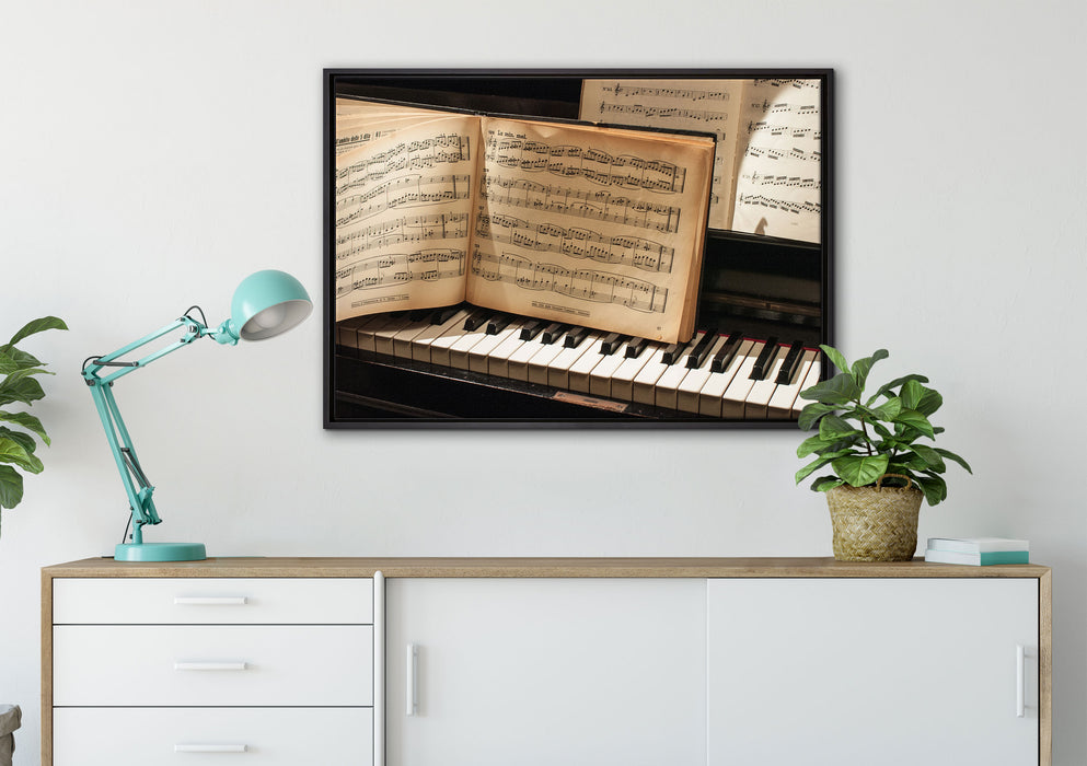 Klavier Noten Piano auf Leinwandbild gerahmt verschiedene Größen im Wohnzimmer