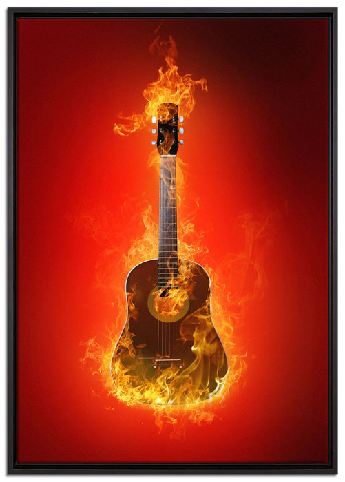 Brennende Gitarre Heiße Flammen auf Leinwandbild gerahmt Größe 100x70