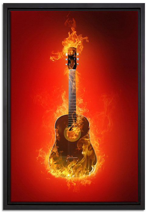 Brennende Gitarre Heiße Flammen auf Leinwandbild gerahmt Größe 60x40
