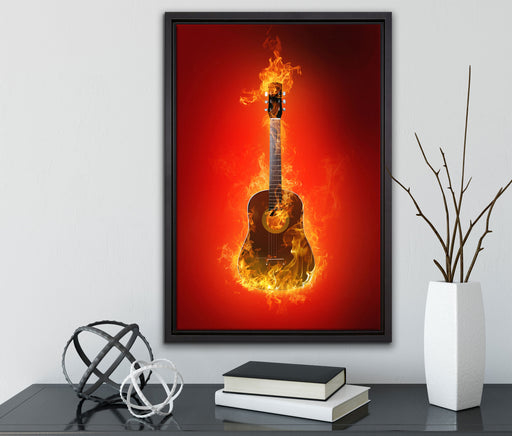 Brennende Gitarre Heiße Flammen auf Leinwandbild gerahmt mit Kirschblüten