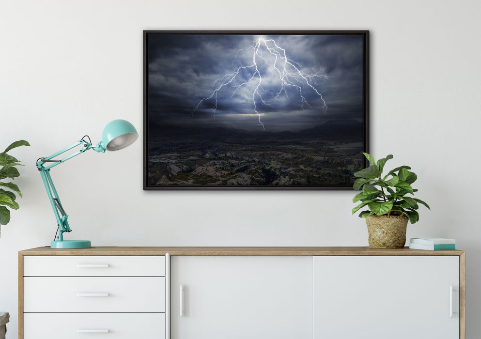 gewaltiges Gewitter auf Leinwandbild gerahmt verschiedene Größen im Wohnzimmer