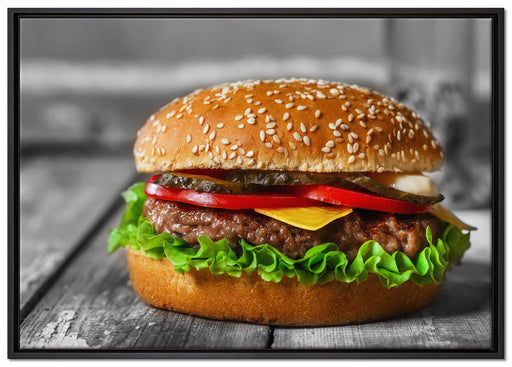 appetitlicher Cheeseburger auf Leinwandbild gerahmt Größe 100x70