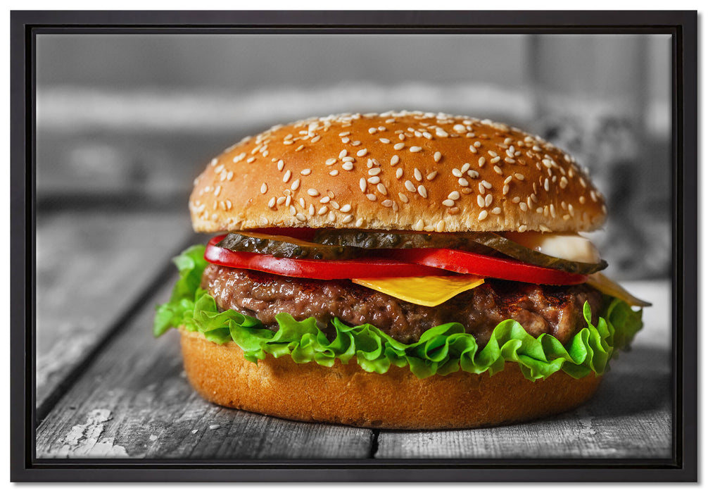 appetitlicher Cheeseburger auf Leinwandbild gerahmt Größe 60x40