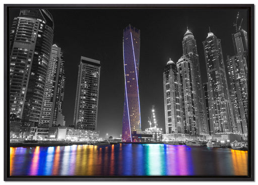 Skyline von Dubai bei Nacht auf Leinwandbild gerahmt Größe 100x70