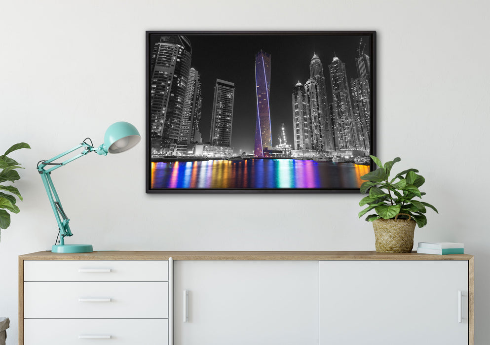 Skyline von Dubai bei Nacht auf Leinwandbild gerahmt verschiedene Größen im Wohnzimmer