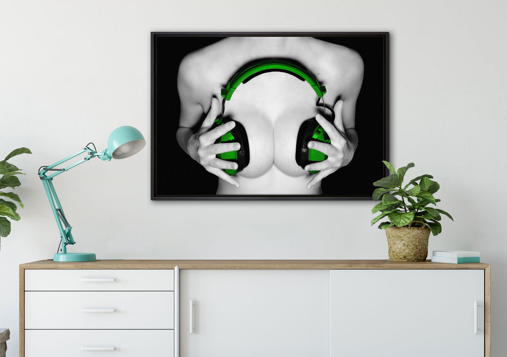 Dark Sexy girl grüne Kopfhörer auf Leinwandbild gerahmt verschiedene Größen im Wohnzimmer