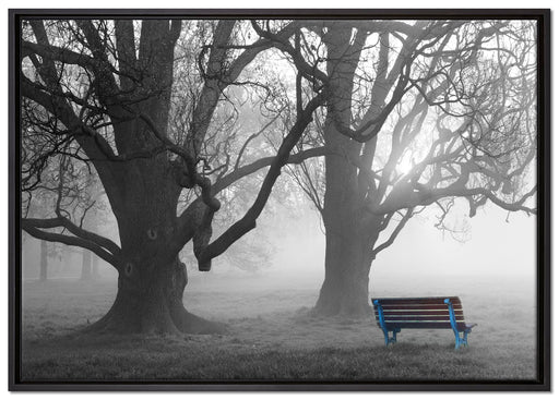 Einsame Bank im Nebel auf Leinwandbild gerahmt Größe 100x70