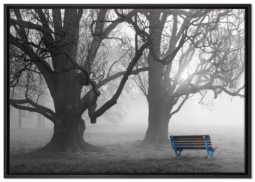 Einsame Bank im Nebel auf Leinwandbild gerahmt Größe 100x70
