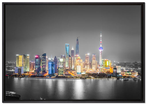Shanghai Skyline bei Nacht auf Leinwandbild gerahmt Größe 100x70