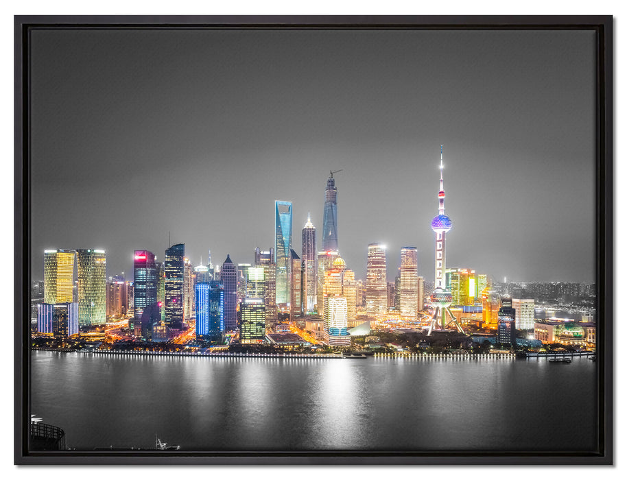 Shanghai Skyline bei Nacht auf Leinwandbild gerahmt Größe 80x60