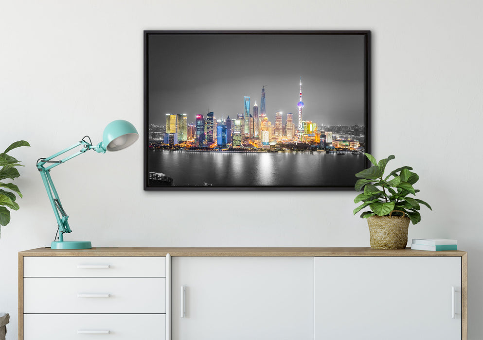 Shanghai Skyline bei Nacht auf Leinwandbild gerahmt verschiedene Größen im Wohnzimmer