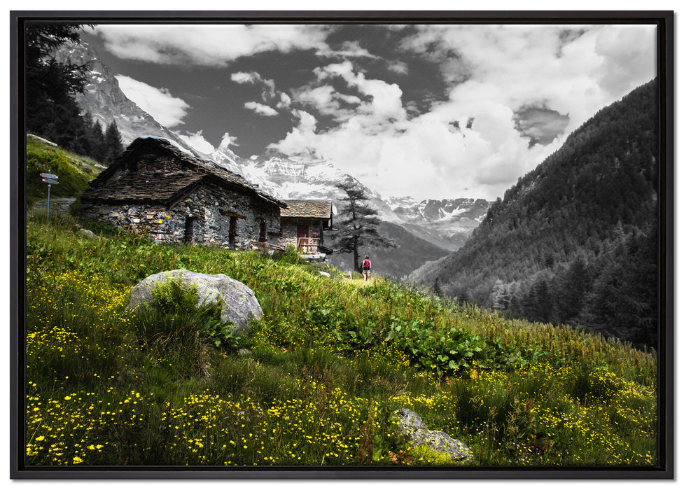 Steinhütte auf Berg auf Leinwandbild gerahmt Größe 100x70