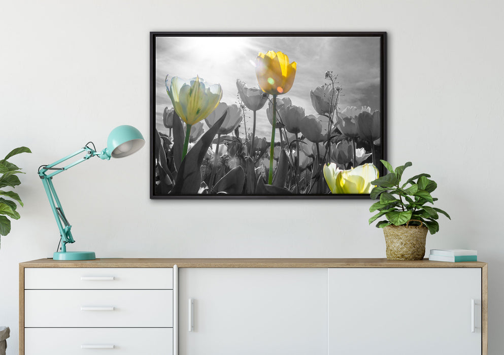 wunderschöne Tulpenwiese auf Leinwandbild gerahmt verschiedene Größen im Wohnzimmer