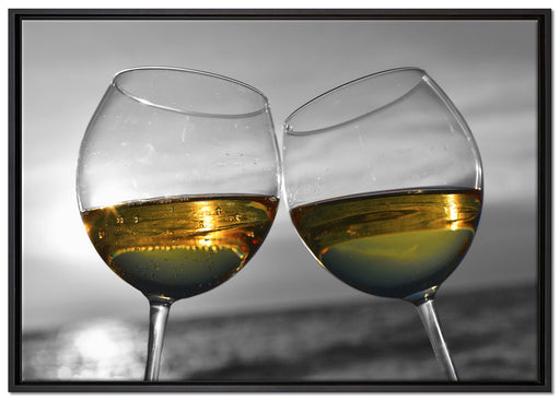 Wein in Gläsern am Meer auf Leinwandbild gerahmt Größe 100x70