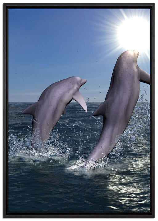 Delphine im blauen Meer auf Leinwandbild gerahmt Größe 100x70