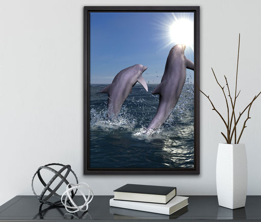 Delphine im blauen Meer auf Leinwandbild gerahmt mit Kirschblüten