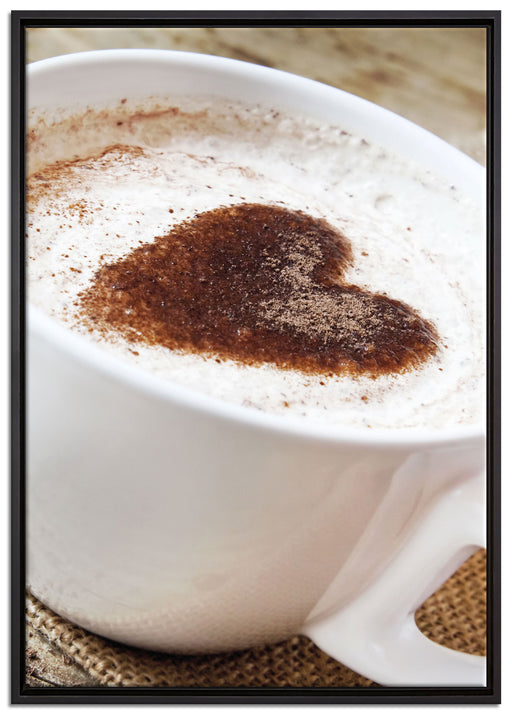 Kaffe mit Herz auf Leinwandbild gerahmt Größe 100x70