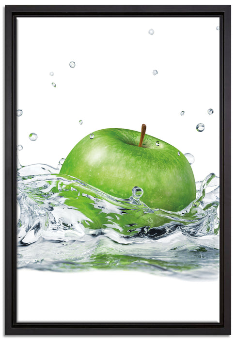 Grüner Apfel fällt ins Wasser auf Leinwandbild gerahmt Größe 60x40