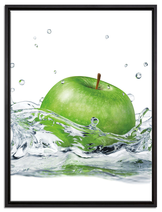 Grüner Apfel fällt ins Wasser auf Leinwandbild gerahmt Größe 80x60