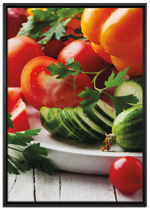 Obst Gemüse Gurke Tomaten auf Leinwandbild gerahmt Größe 100x70