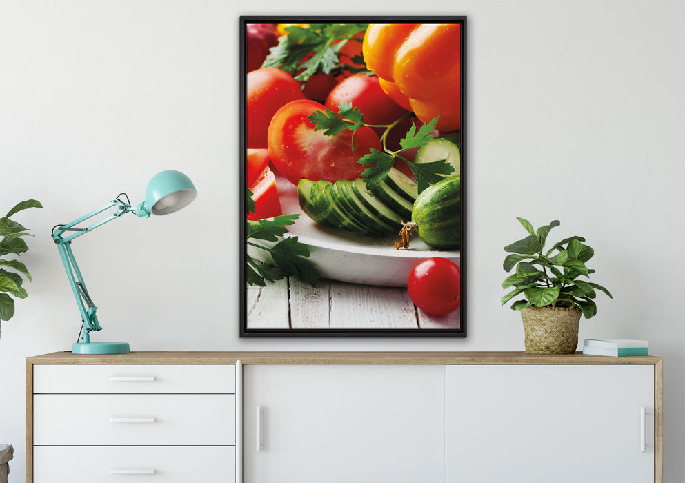 Obst Gemüse Gurke Tomaten auf Leinwandbild gerahmt verschiedene Größen im Wohnzimmer