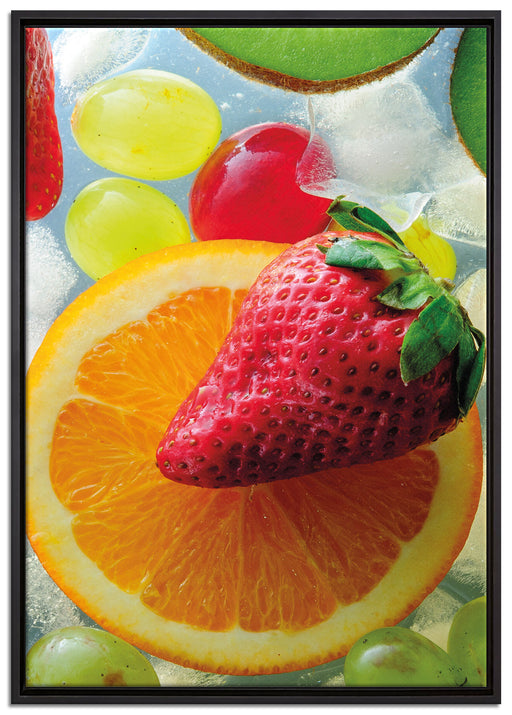 Orange mit Erdbeere auf Leinwandbild gerahmt Größe 100x70