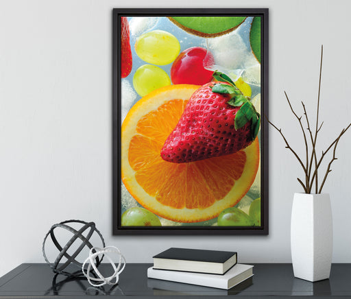 Orange mit Erdbeere auf Leinwandbild gerahmt mit Kirschblüten