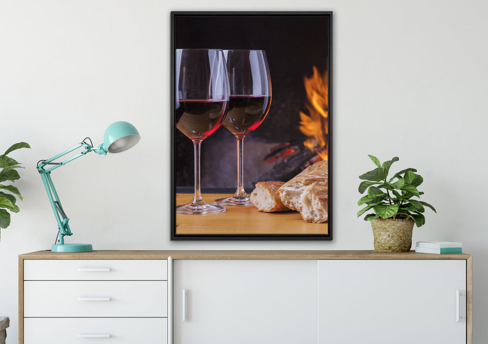 Baguette Wein Picknick auf Leinwandbild gerahmt verschiedene Größen im Wohnzimmer