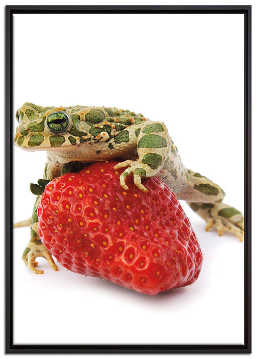 Erdbeere mit Frosch auf Leinwandbild gerahmt Größe 100x70