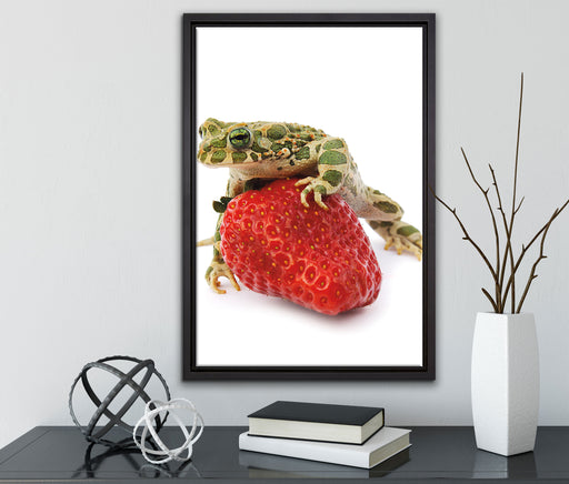 Erdbeere mit Frosch auf Leinwandbild gerahmt mit Kirschblüten