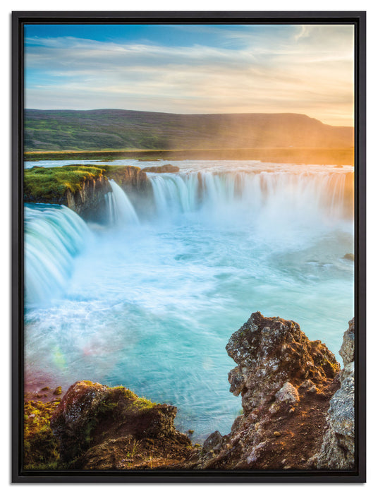 Wasserfall im Sonnenschein auf Leinwandbild gerahmt Größe 80x60