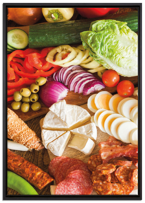 Brot Brötchen Frühstück Milch auf Leinwandbild gerahmt Größe 100x70