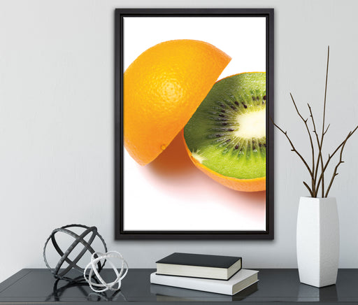 Orangen Kiwi Fruit Früchte Obst auf Leinwandbild gerahmt mit Kirschblüten