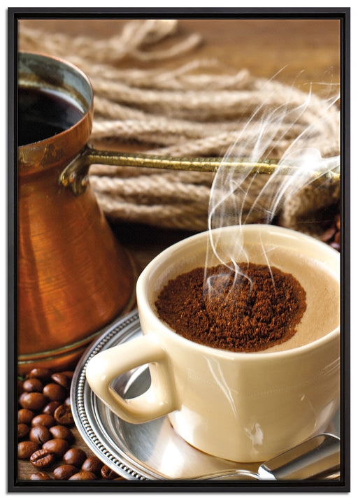 Kaffe Kaffeetasse Kaffee auf Leinwandbild gerahmt Größe 100x70