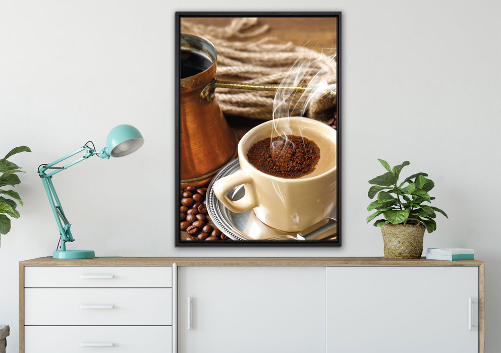 Kaffe Kaffeetasse Kaffee auf Leinwandbild gerahmt verschiedene Größen im Wohnzimmer