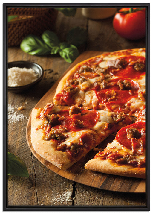 Pizza Käse Salamipizza auf Leinwandbild gerahmt Größe 100x70